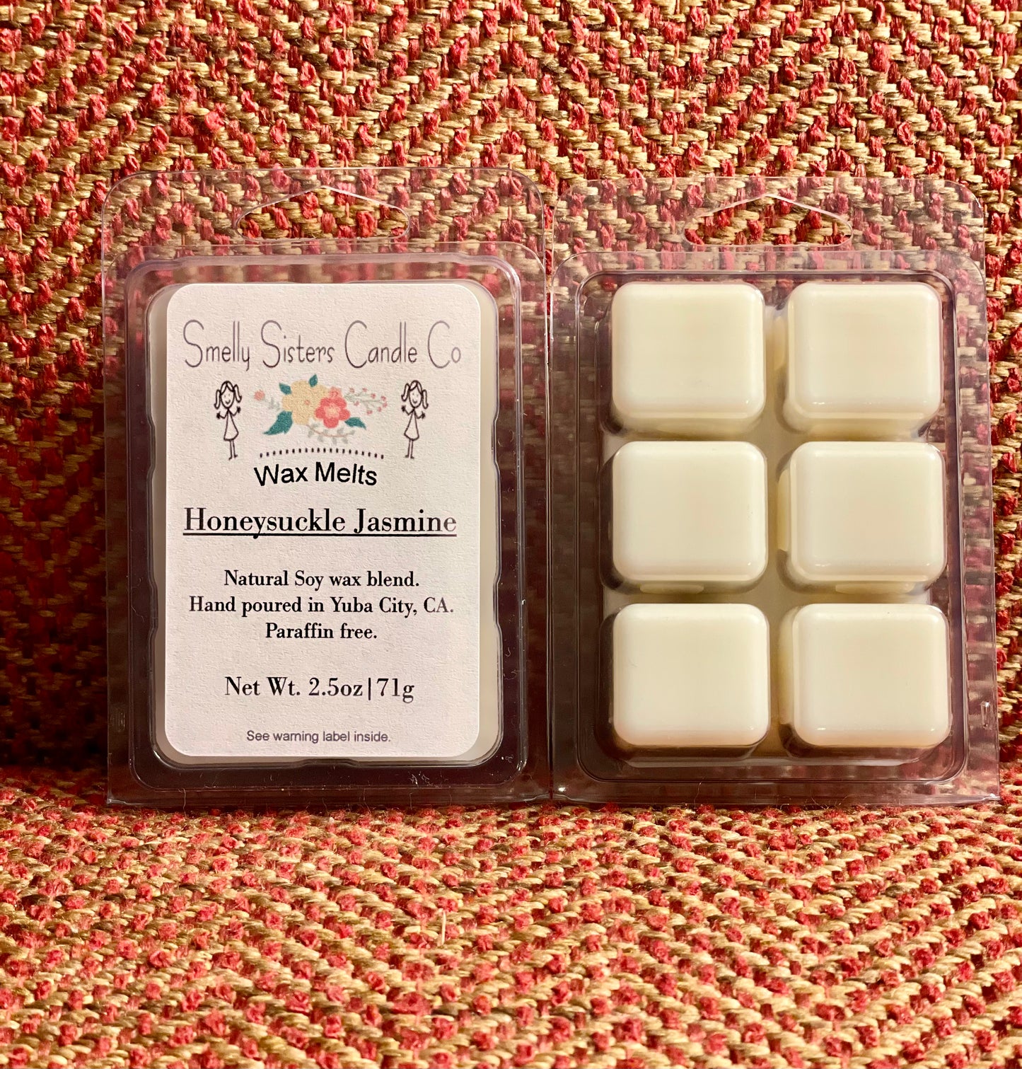 A package of dye free soy wax mets scented Honeysuckle Jasmine. Strong Scented. Natural.