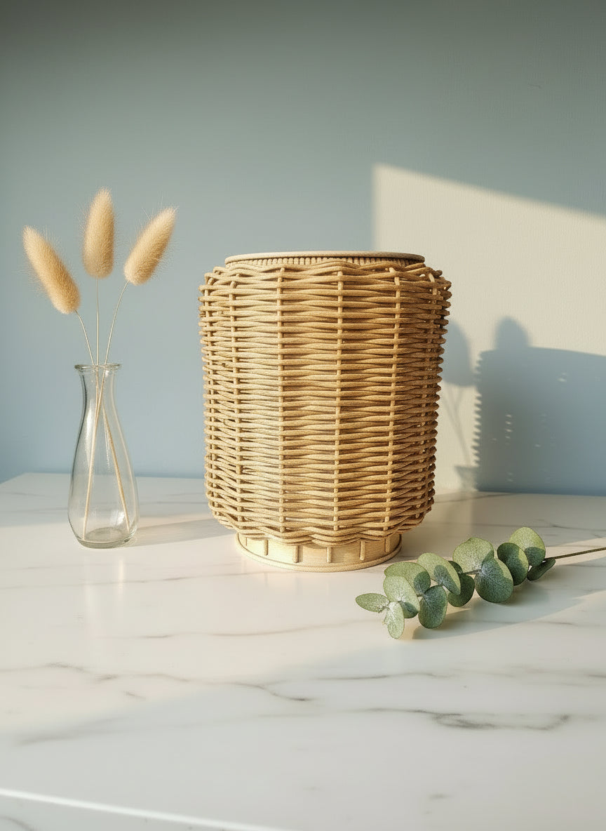 Wicker basket wax warmer on a marble surface with decorative elements. 