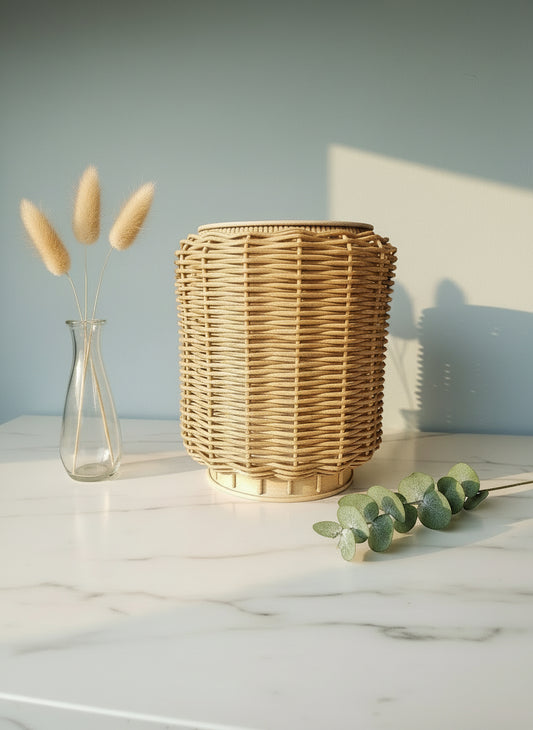Wicker basket wax warmer on a marble surface with decorative elements. 