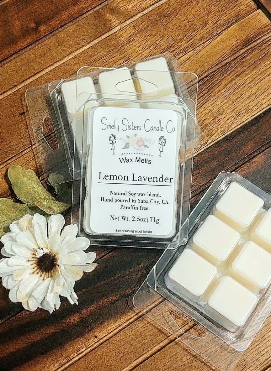 Packaged lemon lavender wax melts on a wooden surface with a white flower. wax Paraffin free. Clean all natural soy wax melts. 