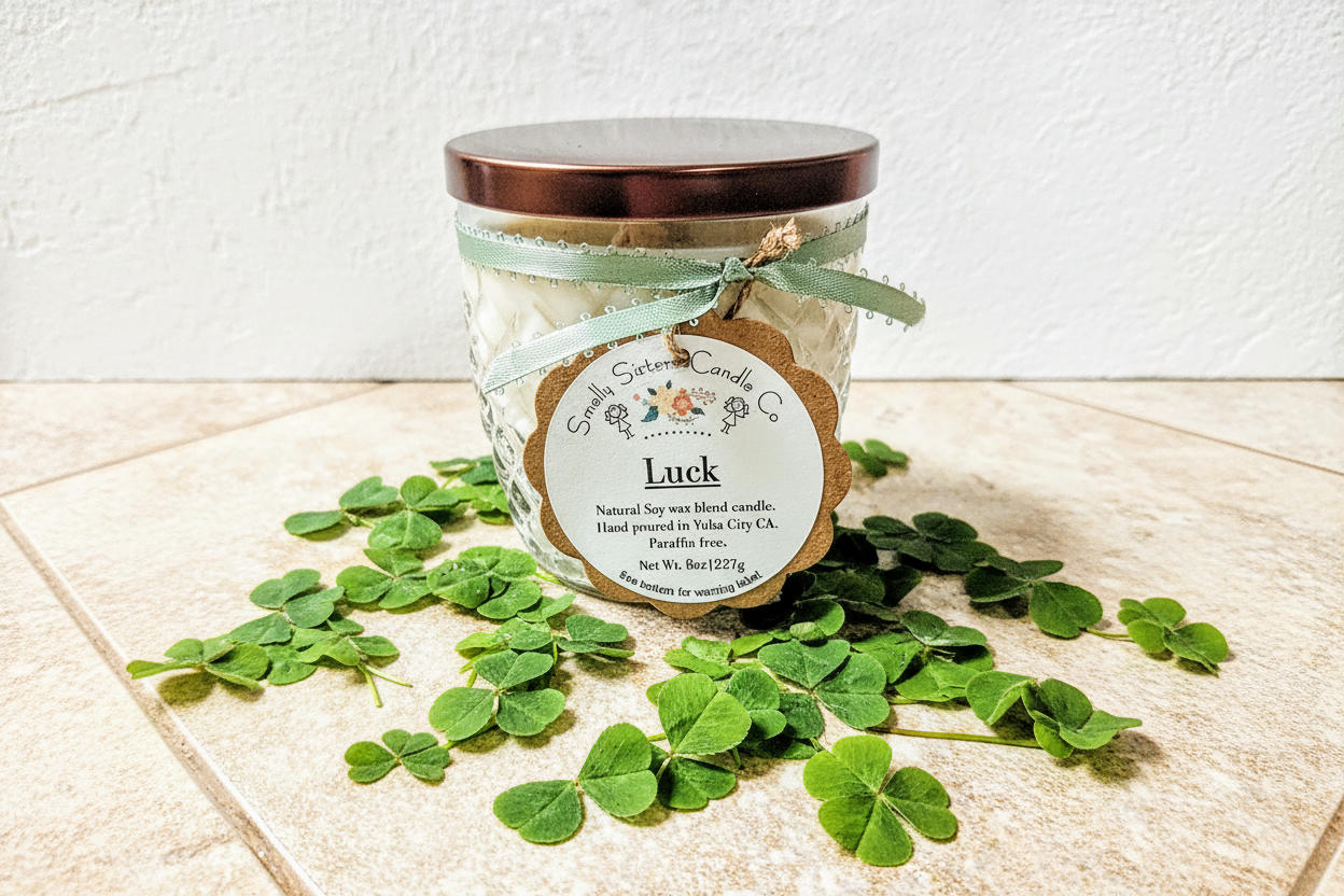 A decorative glass 8oz natural soy wax scented candle with a bronze metal lid. Double wicked with cleaner burning cotton wicks. Paraffin free, phthalate free fragrance infused with essential oils, aloe and clover earthy scent.